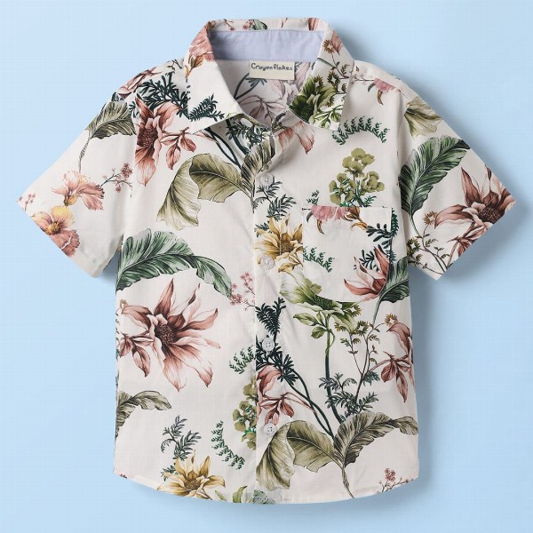 CrayonFlakes Boys Floral Printed Spread Collar Short Sleeves Cotton Shirt