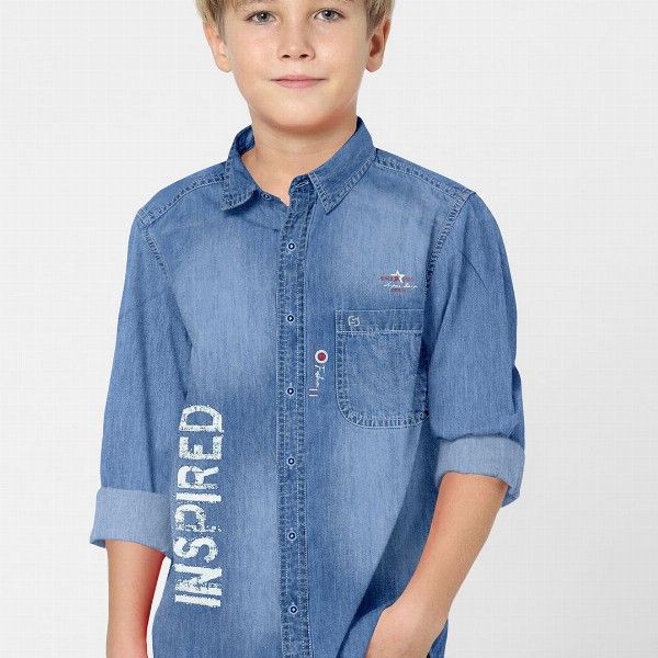 FABFARM Boys Classic Spread Collar Faded Denim Casual Shirt