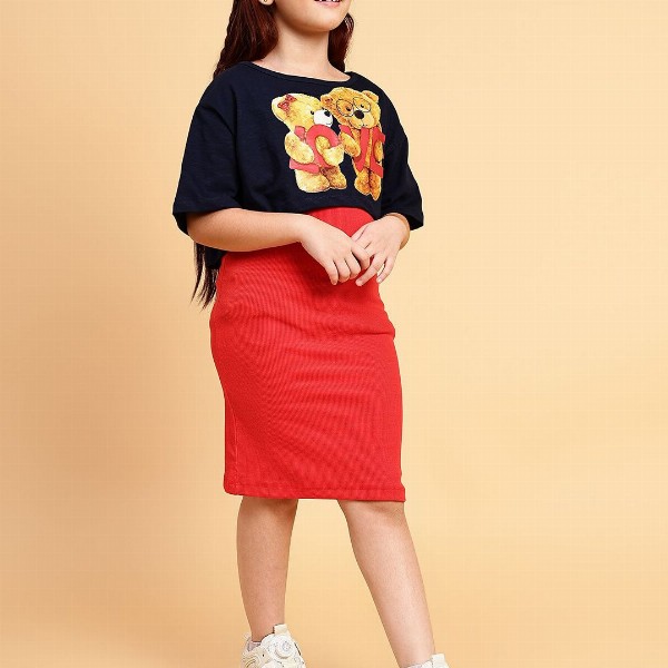 YK Girls Shoulder Straps Cotton Sheath Dress with Printed Crop Top