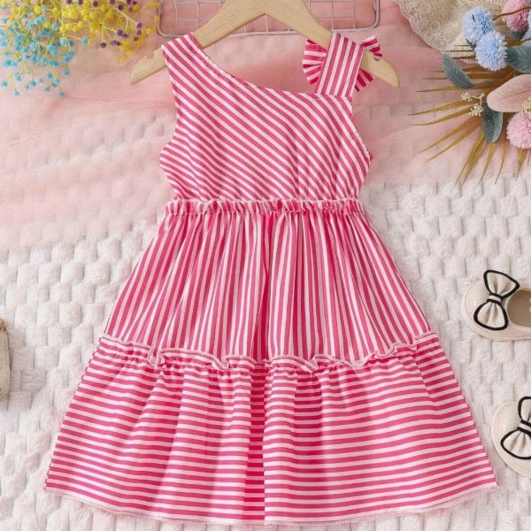 Miss & Chief Girls Striped One Shoulder Bow Cotton A-Line Dress