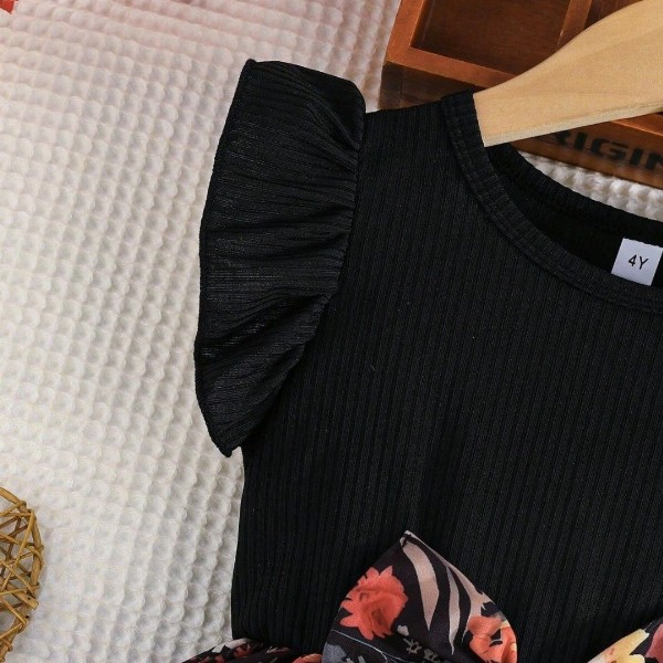 Miss & Chief Girl Floral Print Round Neck Flutter Sleeves Fit & Flare Dress