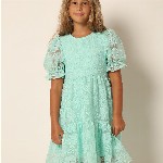 Vero Moda Girls Self Design Puff Sleeve A-Line Dress