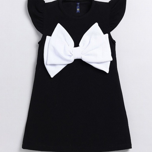 YK  Girls Front Bow Styles  Round Neck Solid Printed A-Line Dress