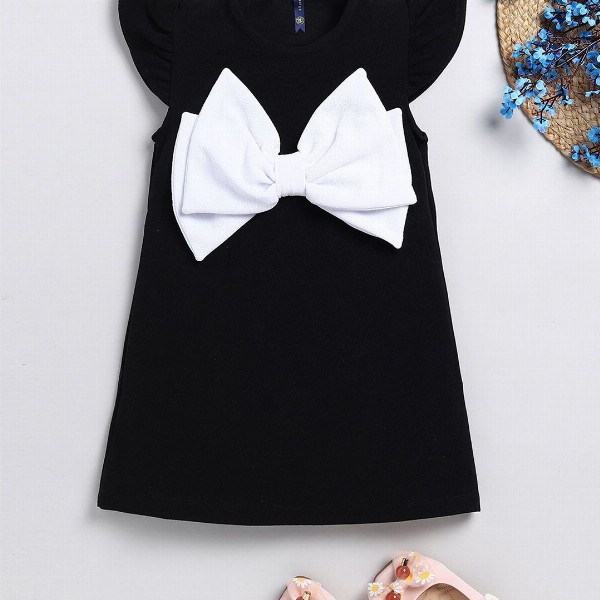 YK  Girls Front Bow Styles  Round Neck Solid Printed A-Line Dress