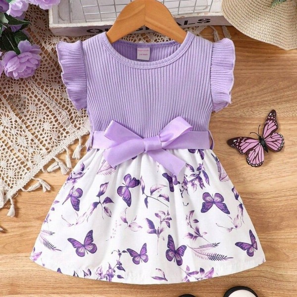 Miss & Chief Girls Printed Flutter Sleeves Fit & Flare Dress With Bow