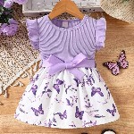 Miss & Chief Girls Printed Flutter Sleeves Fit & Flare Dress With Bow