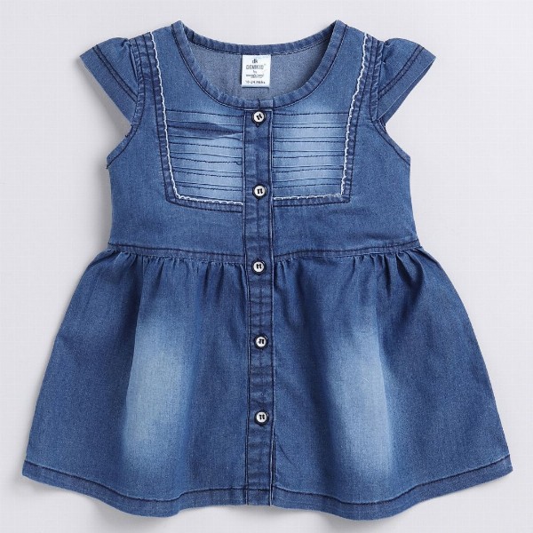 Here&Now X Denikid Girls Pure Cotton Cap Sleeves Denim A-Line Dress