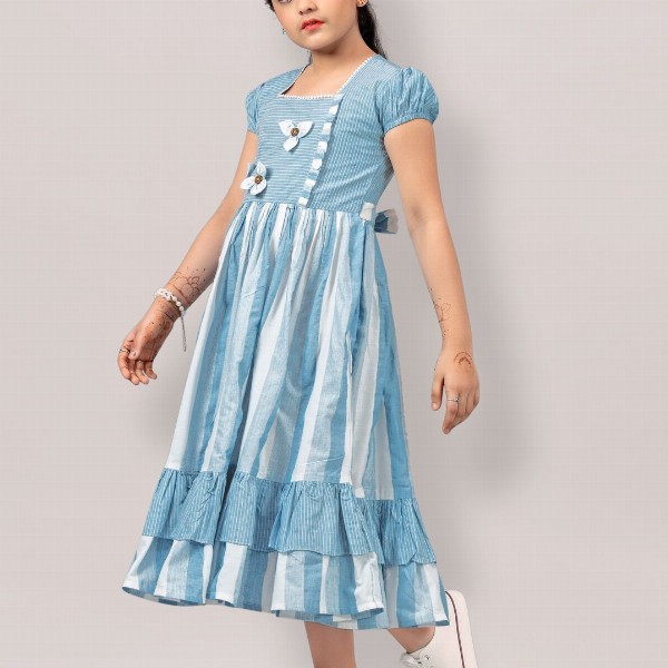 YK Girl Striped Square Neck Puff Sleeve Tiered Fit & Flare Midi Dress