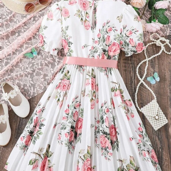 BAESD Girls Floral Print Round Neck Short Puff Sleeves Fit & Flare Dress