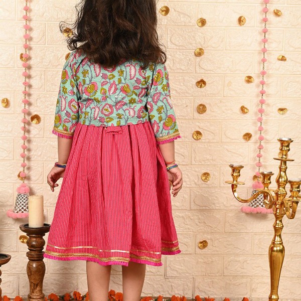 Sangria Girls Striped Cotton A-Line Ethnic Dress With Jacket