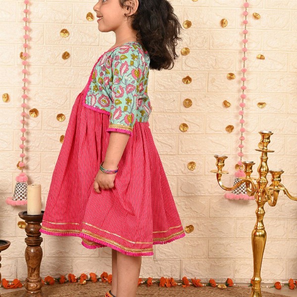 Sangria Girls Striped Cotton A-Line Ethnic Dress With Jacket