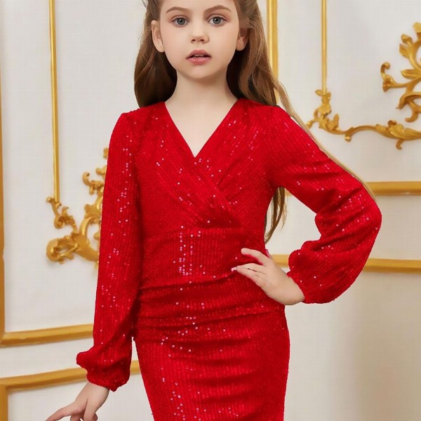 Texaso Premium Girls Embellished V-Neck Puff Sleeve Sheath Dress