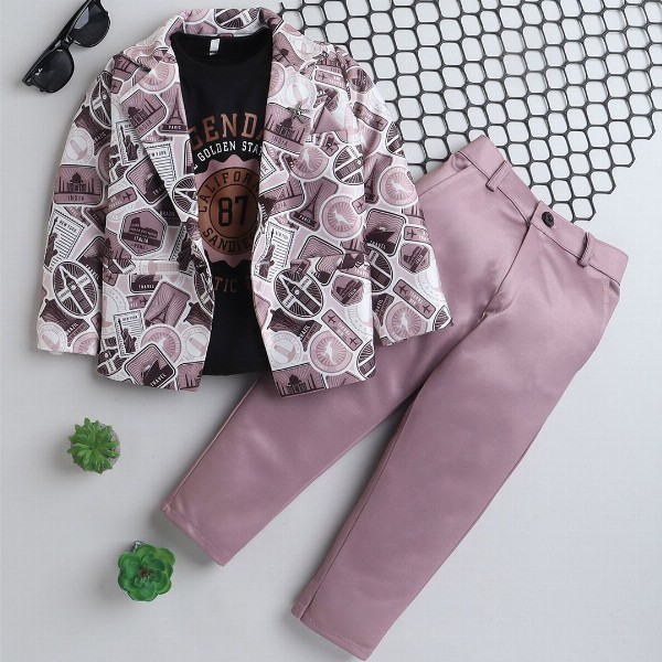 BAESD Boys Notched Lapel Collar Single-Breasted Blazer with Trouser & T-Shirt 3-piece Suit