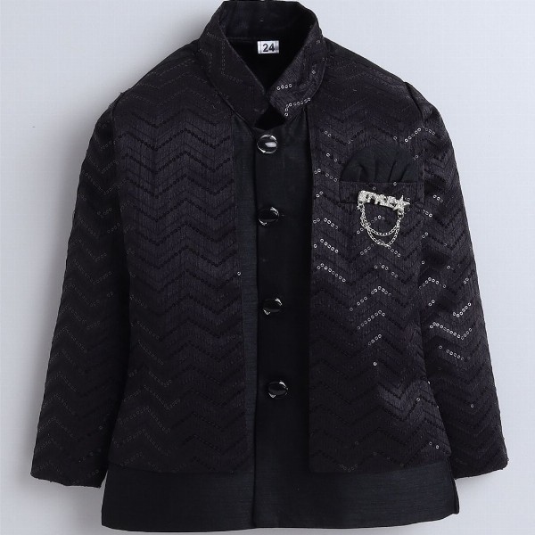 FOURFOLDS Boys Embellished Sequinned Mandarin collar Bandhgala Blazer With Trouser