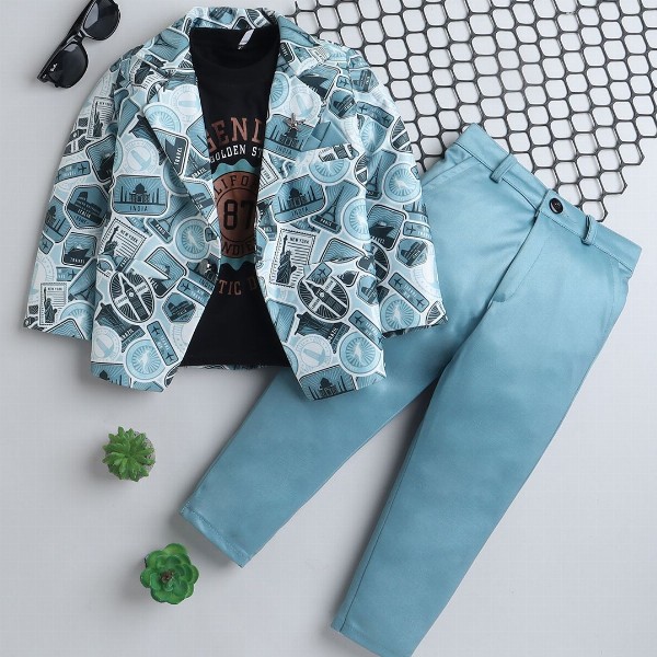 BAESD Boys Notched Lapel Collar Single-Breasted Blazer with Trouser & T-Shirt 3-piece Suit