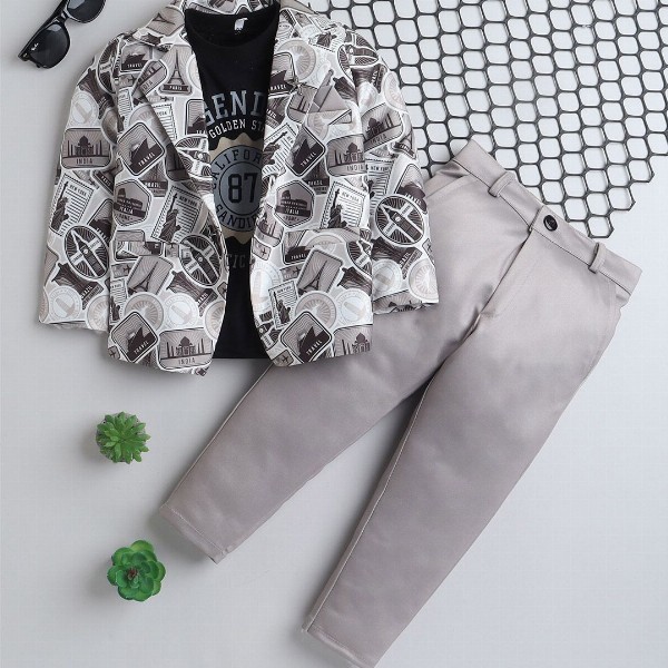 BAESD Boys Notched Lapel Collar Single-Breasted Blazer with Trouser & T-Shirt 3-piece Suit