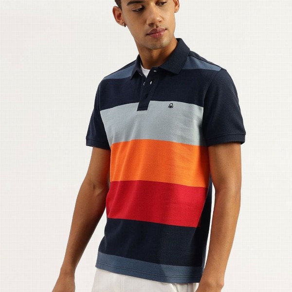 United Colors of Benetton Men Striped Polo Collar Cotton Relaxed Fit T-shirt