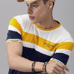 Roadster Men White  Mustard Yellow Colourblocked Round Neck Pure Cotton T-shirt