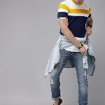 Roadster Men White  Mustard Yellow Colourblocked Round Neck Pure Cotton T-shirt