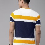 Roadster Men White  Mustard Yellow Colourblocked Round Neck Pure Cotton T-shirt