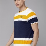 Roadster Men White  Mustard Yellow Colourblocked Round Neck Pure Cotton T-shirt