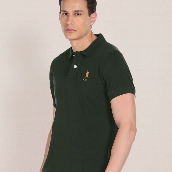U S Polo Assn Men Green Brand Logo Embroidered Pure Cotton Polo Collar Slim Fit T-shirt