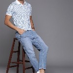 Raymond Men Blue & White Printed Polo Collar T-shirt