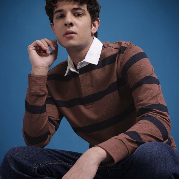 The Roadster Lifestyle Co. Men Striped Polo Collar Pure Cotton T-shirt