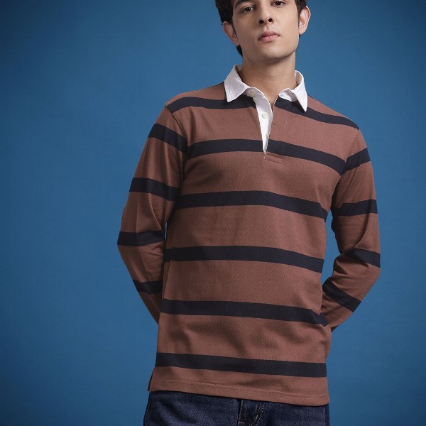 The Roadster Lifestyle Co. Men Striped Polo Collar Pure Cotton T-shirt