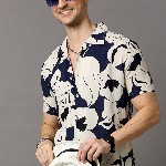 HERE&NOW Men Navy Blue & Off White Slim Fit Printed Casual Shirt