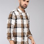 HERE&NOW Tartan Checks Spread Collar Long Sleeves Slim Fit Cotton Casual Shirt