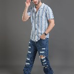 Moda Rapido blue Slim Fit Striped Short Sleeves Cotton Casual Shirt