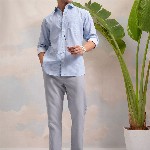 HIGHLANDER Blue Classic Slim Fit Vertical Striped Spread Collar Cotton Casual Shirt