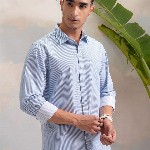 HIGHLANDER Blue Classic Slim Fit Vertical Striped Spread Collar Cotton Casual Shirt