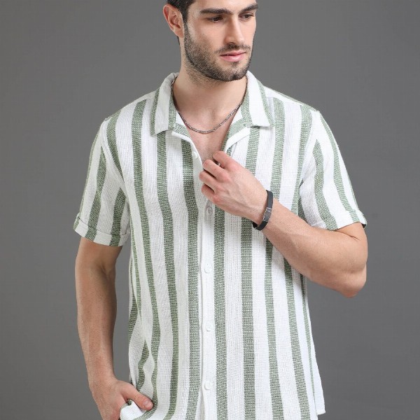 Moda Rapido White Slim Fit Striped Short Sleeves Cotton Casual Shirt