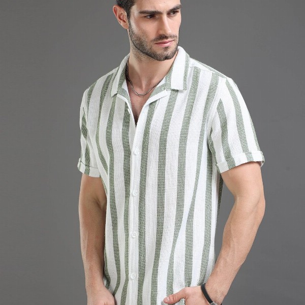 Moda Rapido White Slim Fit Striped Short Sleeves Cotton Casual Shirt