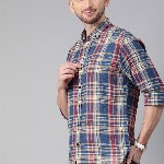 Mast & Harbour Checked Button-Down Collar Cotton Linen Casual Shirt