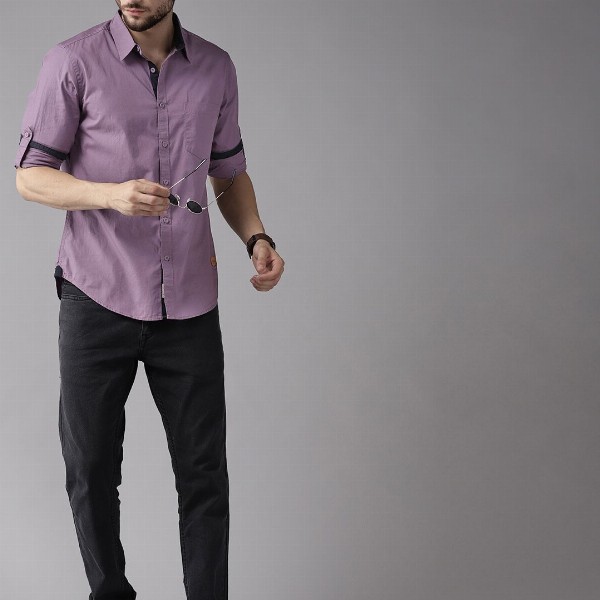 Roadster Men Purple Pure Cotton  Solid Opaque Casual Shirt