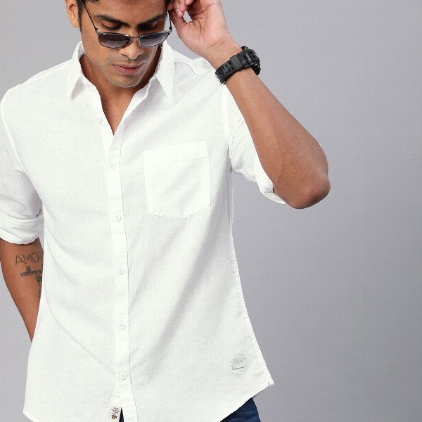 Roadster Men White Cotton Linen Casual Shirt With Roll-Up Sleeves