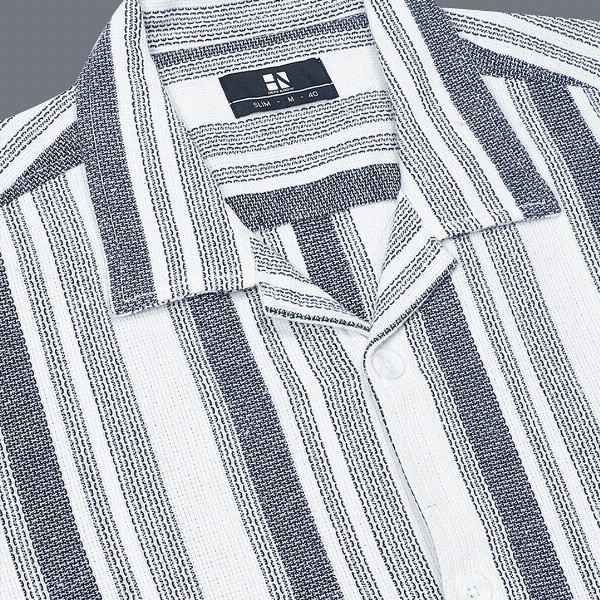 HERE&NOW White Slim Fit Vertical Striped Cuban Collar Cotton Casual Shirt