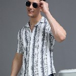 HERE&NOW White Slim Fit Vertical Striped Cuban Collar Cotton Casual Shirt