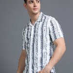 HERE&NOW White Slim Fit Vertical Striped Cuban Collar Cotton Casual Shirt