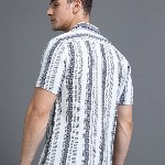 HERE&NOW White Slim Fit Vertical Striped Cuban Collar Cotton Casual Shirt