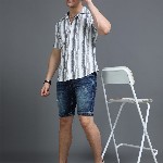 HERE&NOW White Slim Fit Vertical Striped Cuban Collar Cotton Casual Shirt