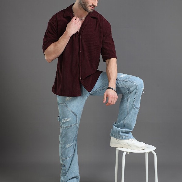 HERE&NOW Self Design Corduroy Weave Oversized Casual Shirt