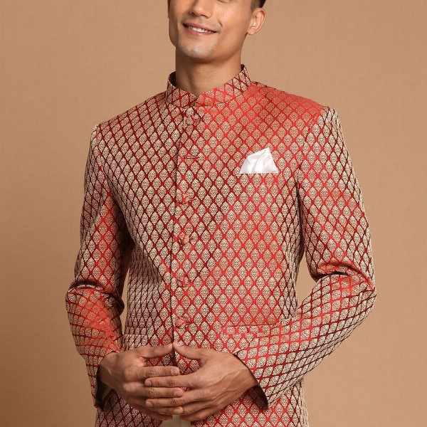 VASTRAMAY Men Maroon  Self-Design Slim-Fit Bandhgala Blazer