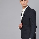 MANQ Men Navy Blue Slim Fit Solid Single Breasted Formal Blazer