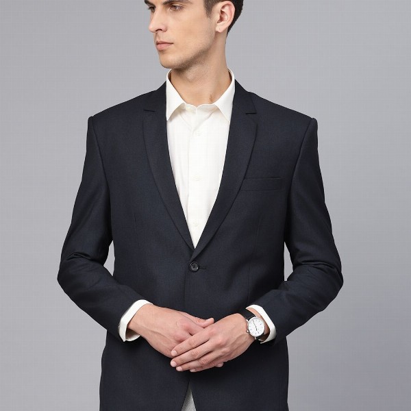 MANQ Men Navy Blue Slim Fit Solid Single Breasted Formal Blazer