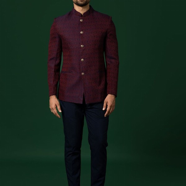 KISAH Woven-Design Bandhgala Blazer