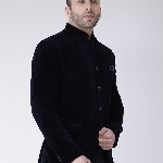 Hangup Men Blue Solid Velvet Bandhgala Party Blazer